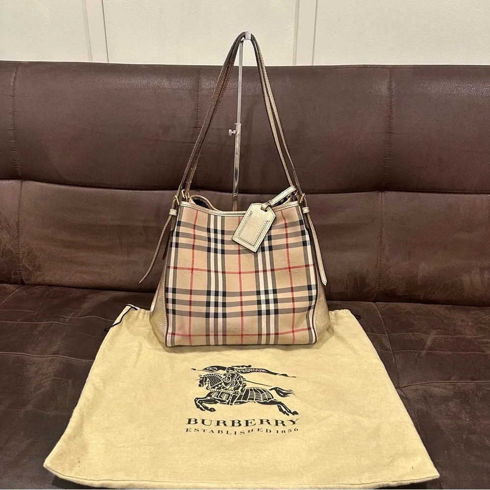 💯 Authentic RARE Burberry Canterbury Horseferry Check Tote Gold Purse Handbag - Picture 6 of 17
